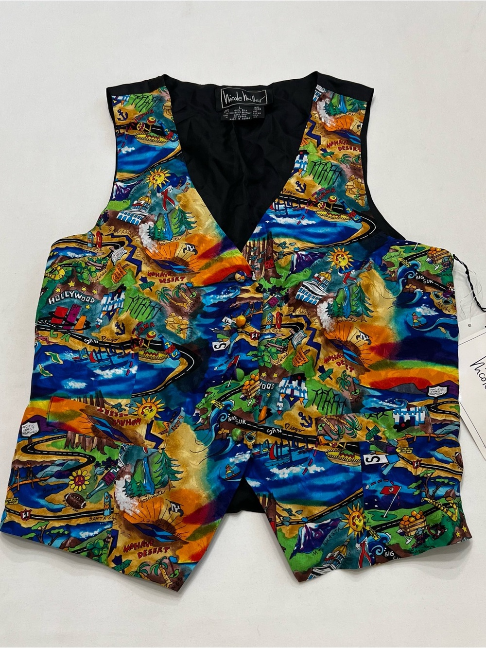 Vintage Nicole Miller Silk Vest Sleeveless Top Novelty California Tavel Print